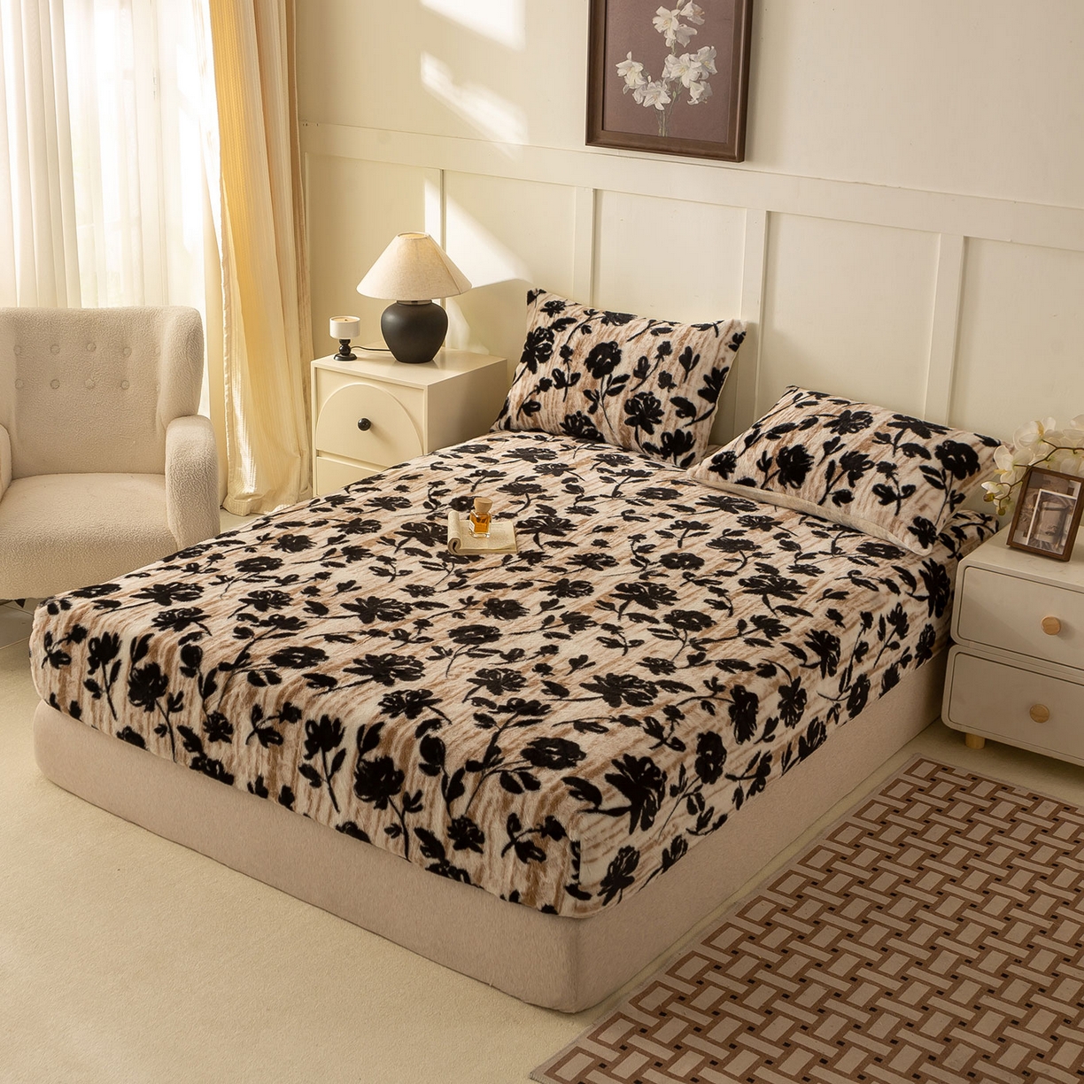 91家纺网 家纺一手货源 找家纺 眠势力 2025新款兔毛绒床笠单件冬季加绒冬季保暖保护套全包防尘床垫罩-美拉德系列 墨韵【兔毛绒床笠】