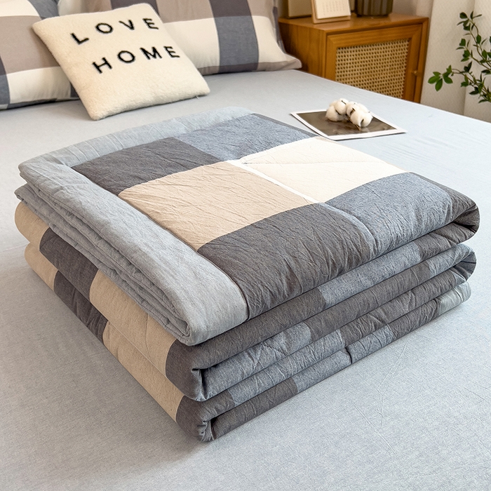 91家纺网 家纺一手货源 找家纺 梵克保罗 2025春夏新款10A抗菌无印风水洗棉夏被四件套 深蓝大格