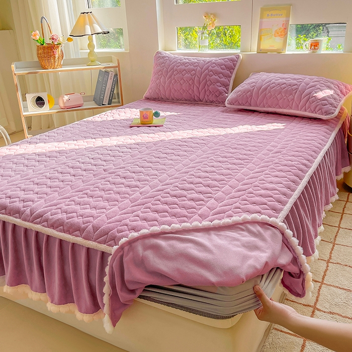 91家纺网 家纺一手货源 找家纺 眠势力 2025新款牛奶绒毛球床笠款四件套 丁香紫-毛球款