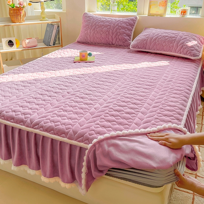 91家纺网 家纺一手货源 找家纺 眠势力 2025新款牛奶绒毛球床笠款四件套 丁香紫-毛球款