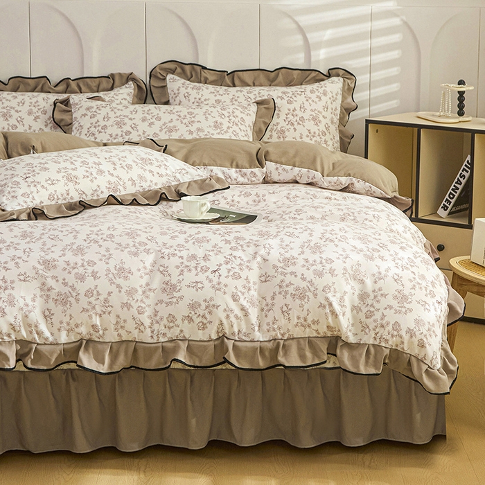 91家纺网 家纺一手货源 找家纺 梵克保罗 2025春夏新款有氧双层纱印花夹棉床盖四件套夏被四件套 香槟玫瑰