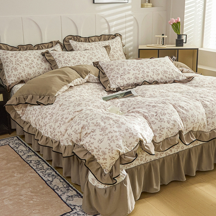 91家纺网 家纺一手货源 找家纺 梵克保罗 2025春夏新款有氧双层纱印花夹棉床盖四件套夏被四件套 香槟玫瑰