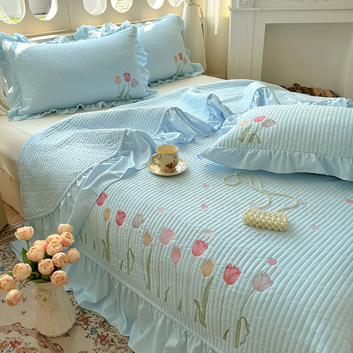 91家纺网 家纺一手货源 找家纺 （总）老K (原美阁）2025新款高端精品刺绣水洗棉床盖三件套郁金香系