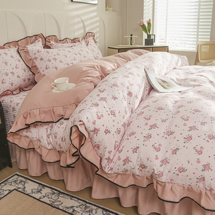 91家纺网 家纺一手货源 找家纺 梵克保罗 2025春夏新款有氧双层纱印花夹棉床盖四件套夏被四件套 幸福里