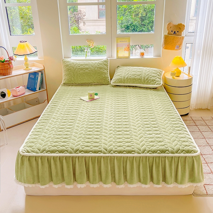 91家纺网 家纺一手货源 找家纺 眠势力 2025新款牛奶绒毛球床笠款四件套 抹茶绿-毛球款