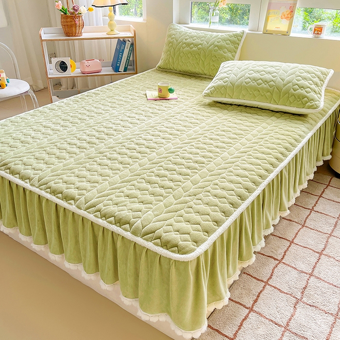 91家纺网 家纺一手货源 找家纺 眠势力 2025新款牛奶绒毛球床笠款四件套 抹茶绿-毛球款