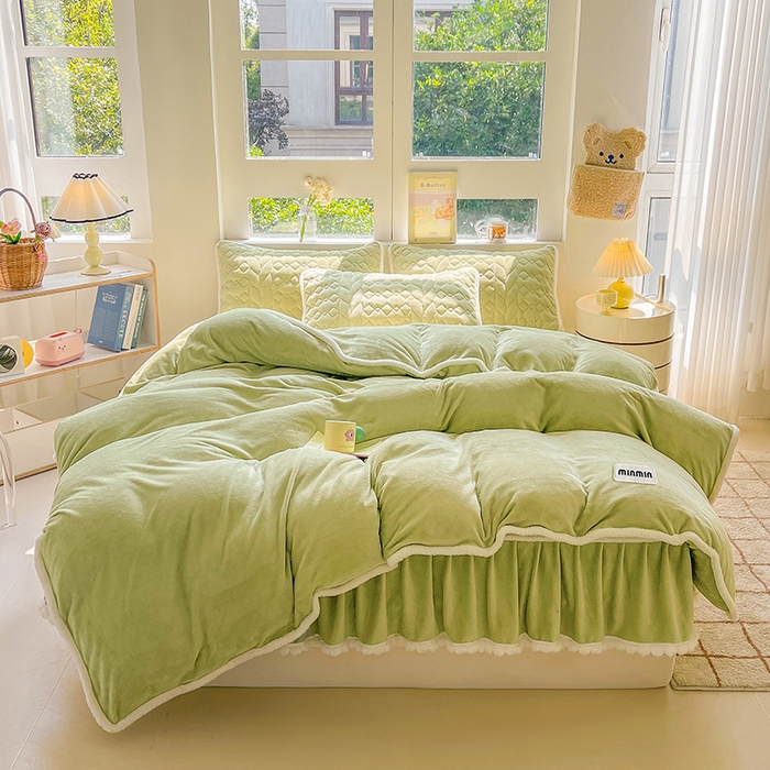 91家纺网 家纺一手货源 找家纺 眠势力 2025新款牛奶绒毛球床笠款四件套 抹茶绿-毛球款