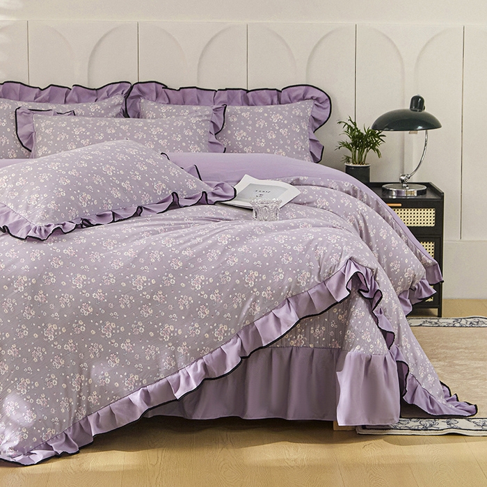梵克保罗 2025春夏新款有氧双层纱印花夹棉床盖四件套夏被四件套 紫霞