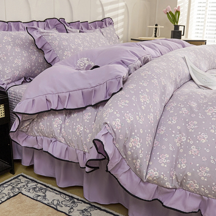 91家纺网 家纺一手货源 找家纺 梵克保罗 2025春夏新款有氧双层纱印花夹棉床盖四件套夏被四件套 紫霞