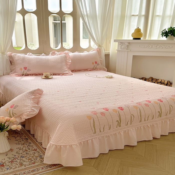 91家纺网 家纺一手货源 找家纺 （总）老K (原美阁）2025新款高端精品刺绣水洗棉床盖三件套郁金香系