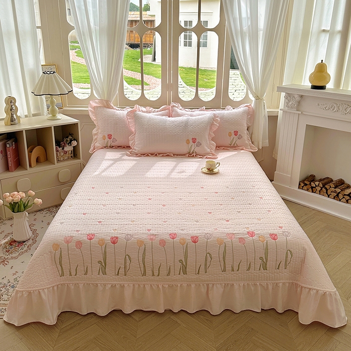 91家纺网 家纺一手货源 找家纺 （总）老K (原美阁）2025新款高端精品刺绣水洗棉床盖三件套郁金香系