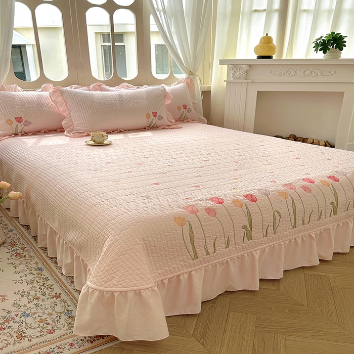 91家纺网 家纺一手货源 找家纺 （总）老K (原美阁）2025新款高端精品刺绣水洗棉床盖三件套郁金香系