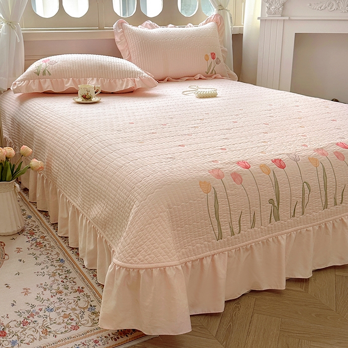 91家纺网 家纺一手货源 找家纺 （总）老K (原美阁）2025新款高端精品刺绣水洗棉床盖三件套郁金香系