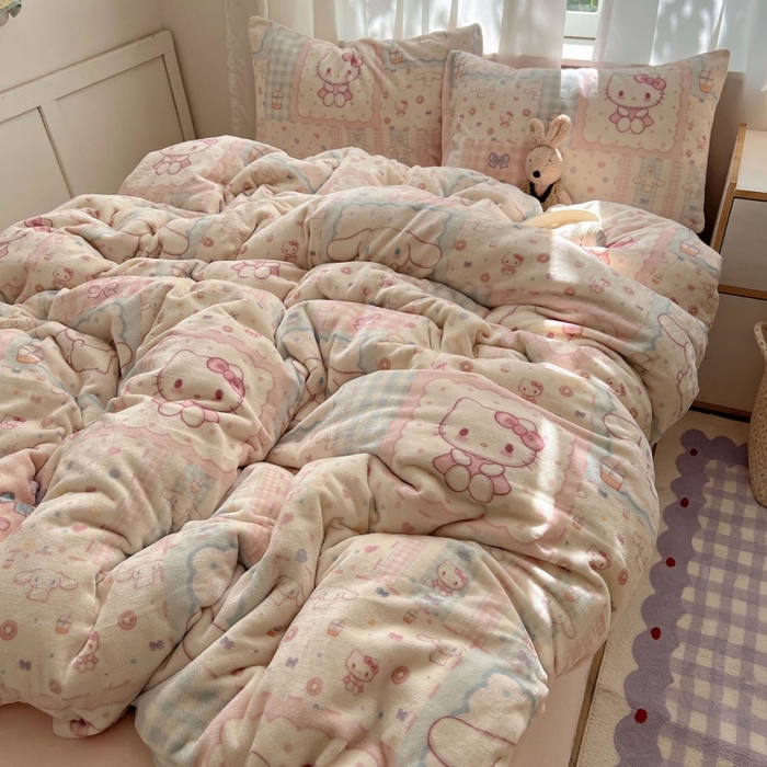 红嘴企鹅 2025新款精致印花牛奶绒四件套 牛奶绒-少女猫咪