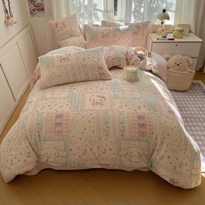 91家纺网 家纺一手货源 找家纺 红嘴企鹅 2025新款精致印花牛奶绒四件套 牛奶绒-少女猫咪