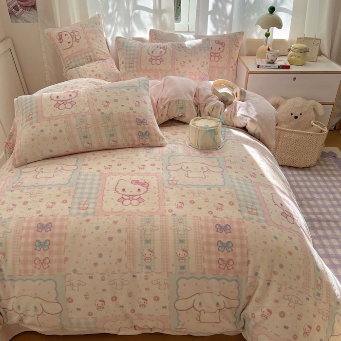 91家纺网 家纺一手货源 找家纺 红嘴企鹅 2025新款精致印花牛奶绒四件套 牛奶绒-少女猫咪