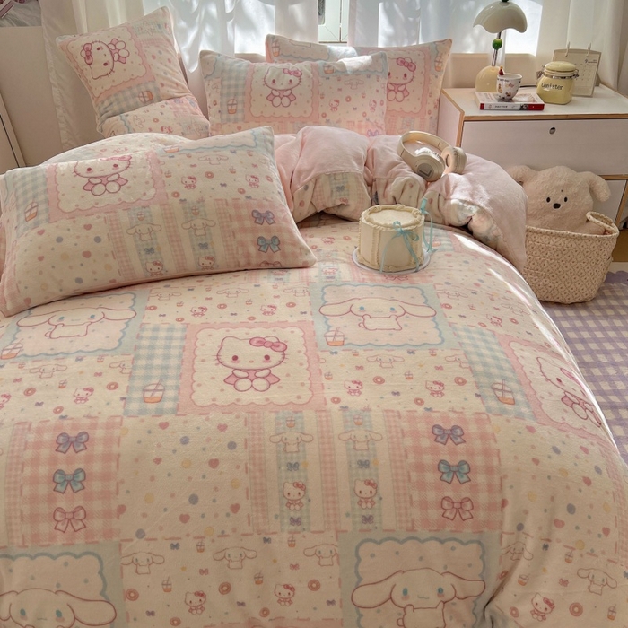 91家纺网 家纺一手货源 找家纺 红嘴企鹅 2025新款精致印花牛奶绒四件套 牛奶绒-少女猫咪