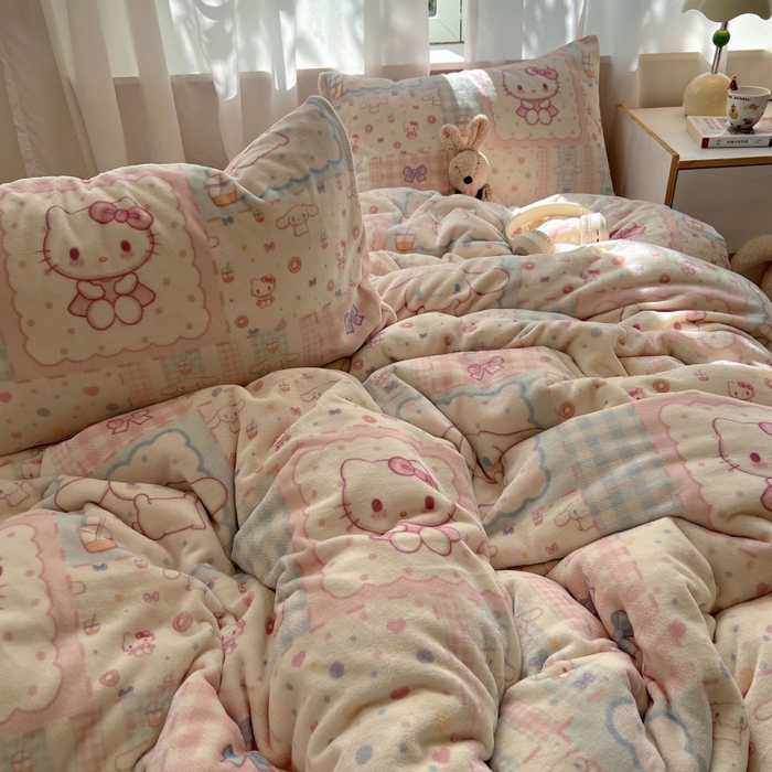 91家纺网 家纺一手货源 找家纺 红嘴企鹅 2025新款精致印花牛奶绒四件套 牛奶绒-少女猫咪