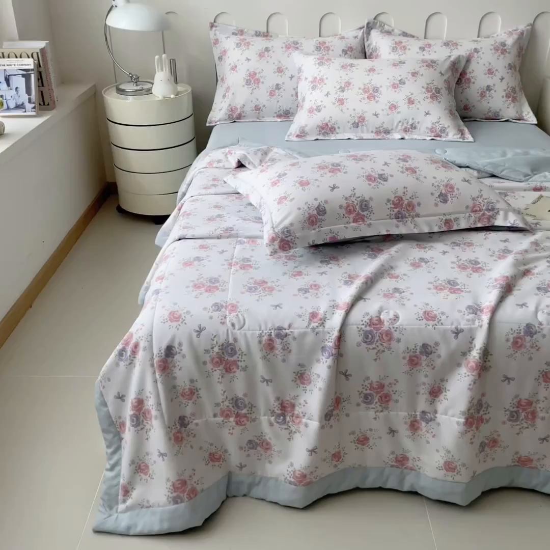 91家纺网 家纺一手货源 找家纺 梵克保罗 2025春夏新款10A级抗菌水洗针织棉夏被四件套 花影阑珊