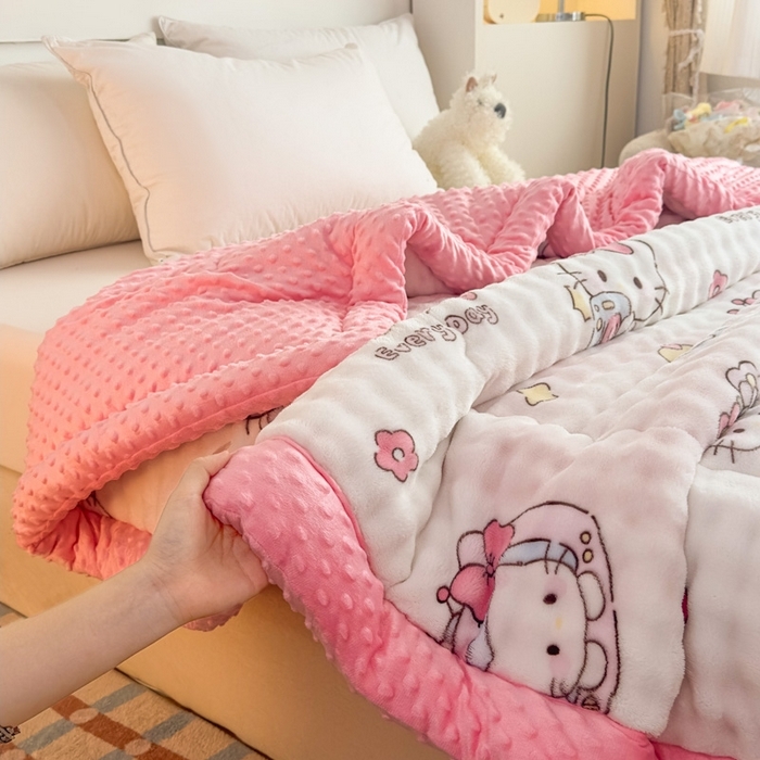 91家纺网 家纺一手货源 找家纺 （总）默忆 2025新款印花兔毛绒双面绒被子豆豆被兔兔绒冬被春秋被被芯