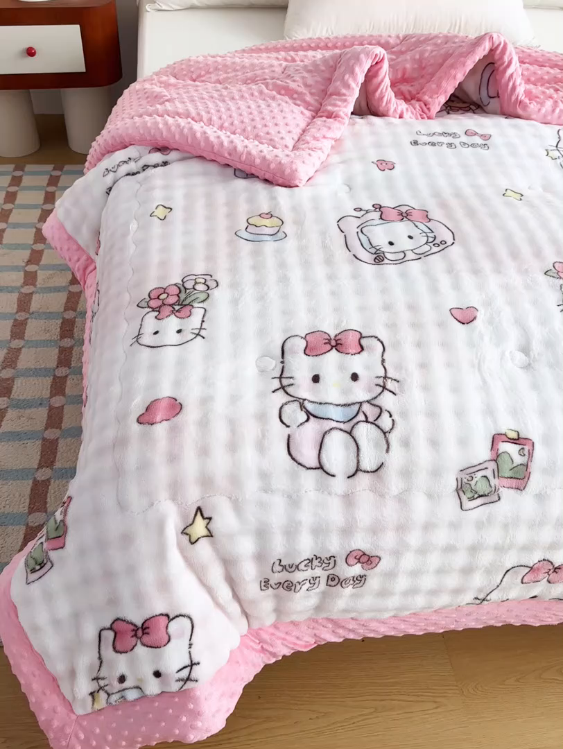 91家纺网 家纺一手货源 找家纺 （总）默忆 2025新款印花兔毛绒双面绒被子豆豆被兔兔绒冬被春秋被被芯