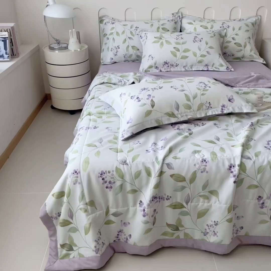 91家纺网 家纺一手货源 找家纺 梵克保罗 2025春夏新款10A级抗菌水洗针织棉夏被四件套 紫玲