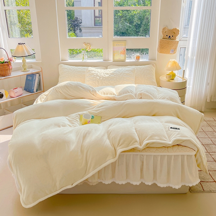 91家纺网 家纺一手货源 找家纺 眠势力 2025新款牛奶绒毛球床笠款四件套 奶白-毛球款