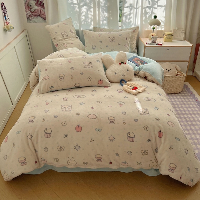 91家纺网 家纺一手货源 找家纺 红嘴企鹅 2025新款精致印花牛奶绒四件套 牛奶绒-小星甜点
