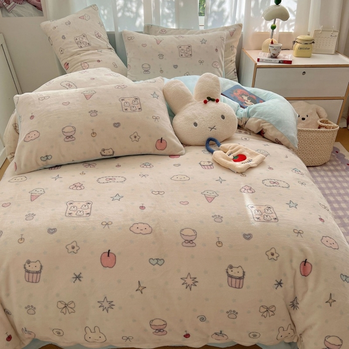 91家纺网 家纺一手货源 找家纺 红嘴企鹅 2025新款精致印花牛奶绒四件套 牛奶绒-小星甜点