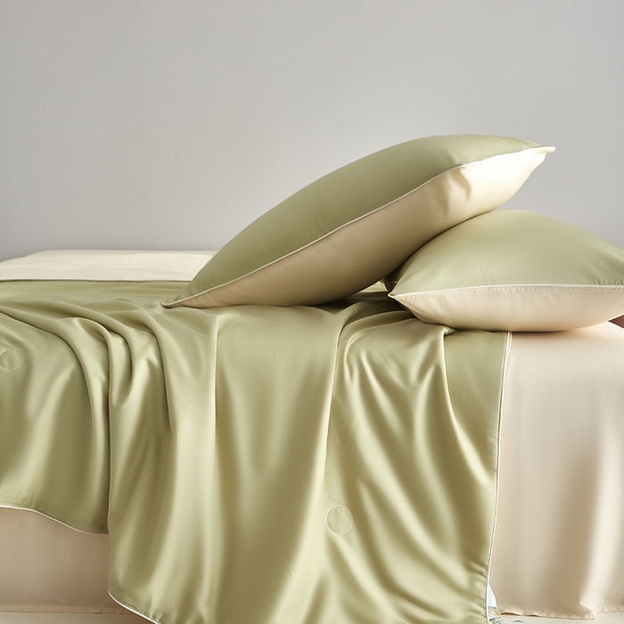 91家纺网 家纺一手货源 找家纺 梵克保罗 2025新款竹纤维莱塞尔夏被四件套 荷叶绿--泡芙