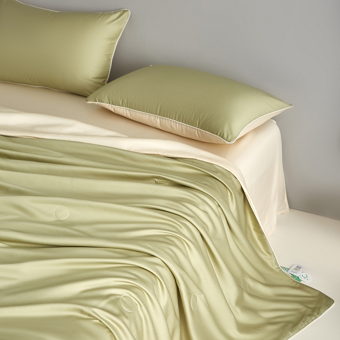 91家纺网 家纺一手货源 找家纺 梵克保罗 2025新款竹纤维莱塞尔夏被四件套 荷叶绿--泡芙