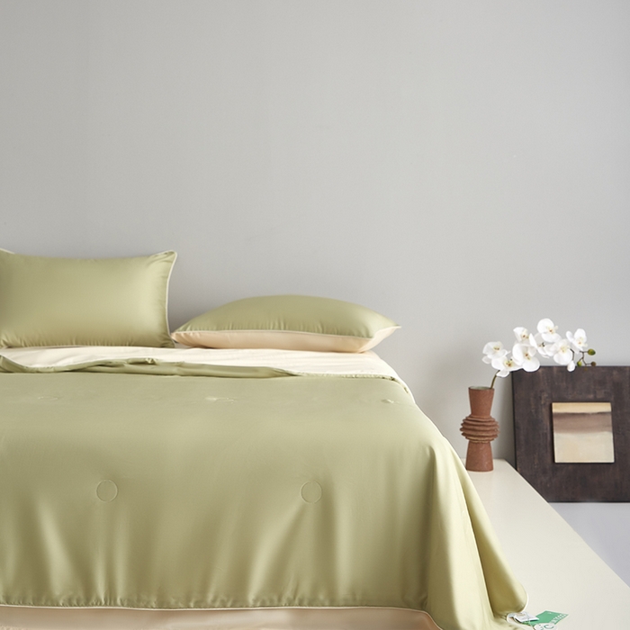 91家纺网 家纺一手货源 找家纺 梵克保罗 2025新款竹纤维莱塞尔夏被四件套 荷叶绿--泡芙