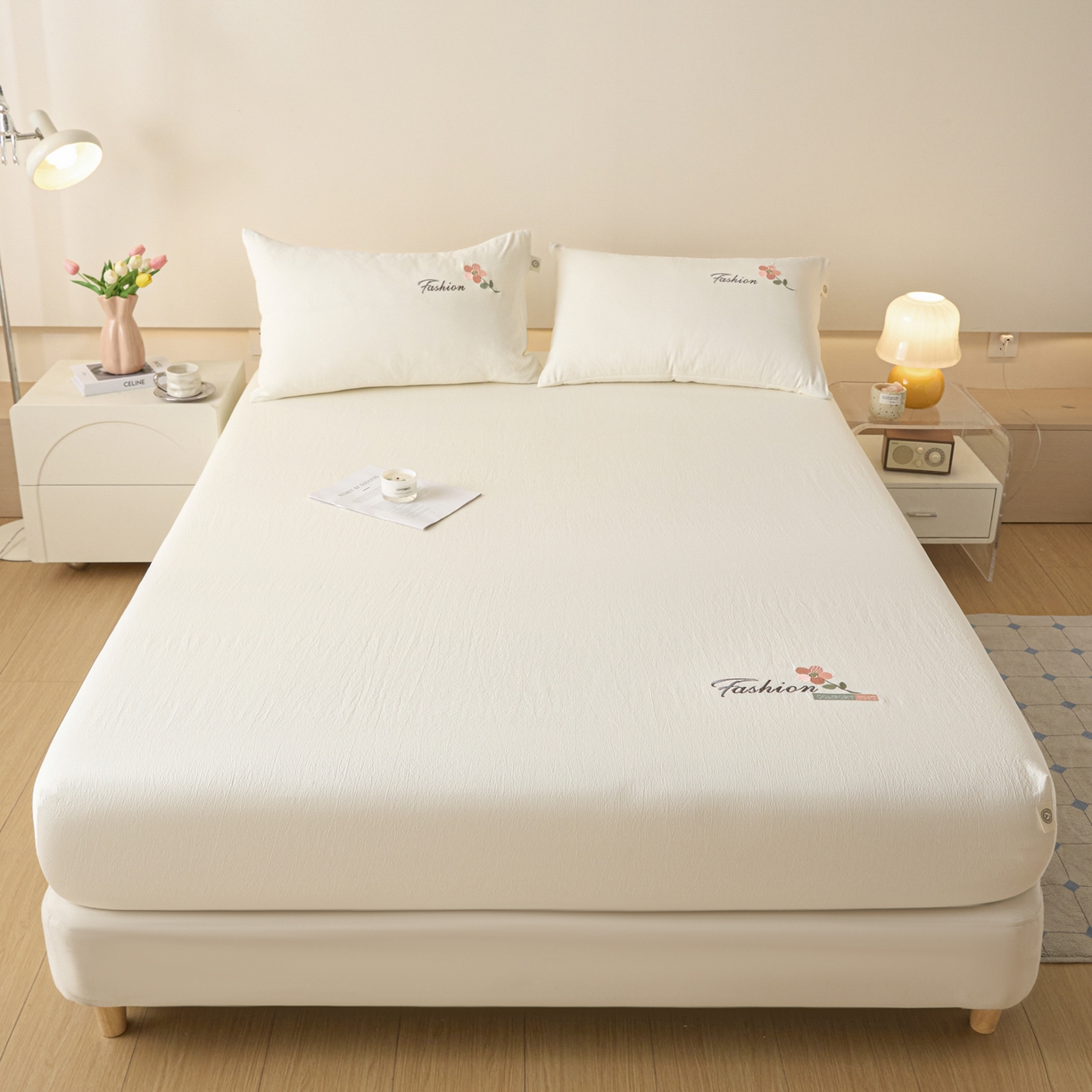 91家纺网 家纺一手货源 找家纺 鑫钰 2025新款A类云麻绣花抗菌透气床笠-芙洛拉 芙洛拉-皓月白