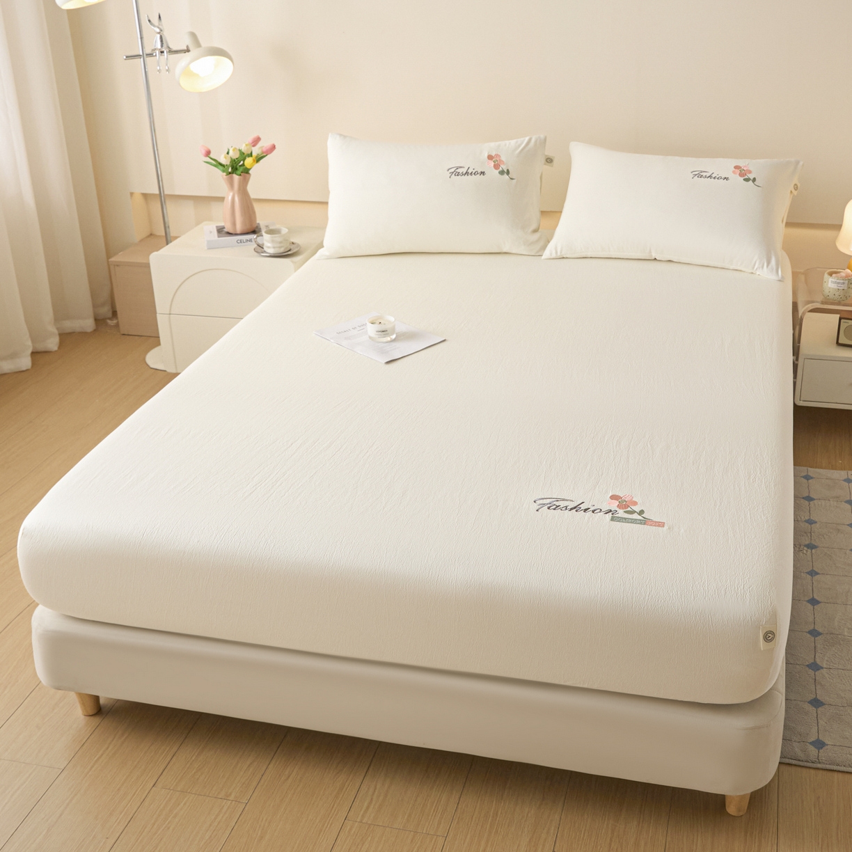 91家纺网 家纺一手货源 找家纺 鑫钰 2025新款A类云麻绣花抗菌透气床笠-芙洛拉 芙洛拉-皓月白