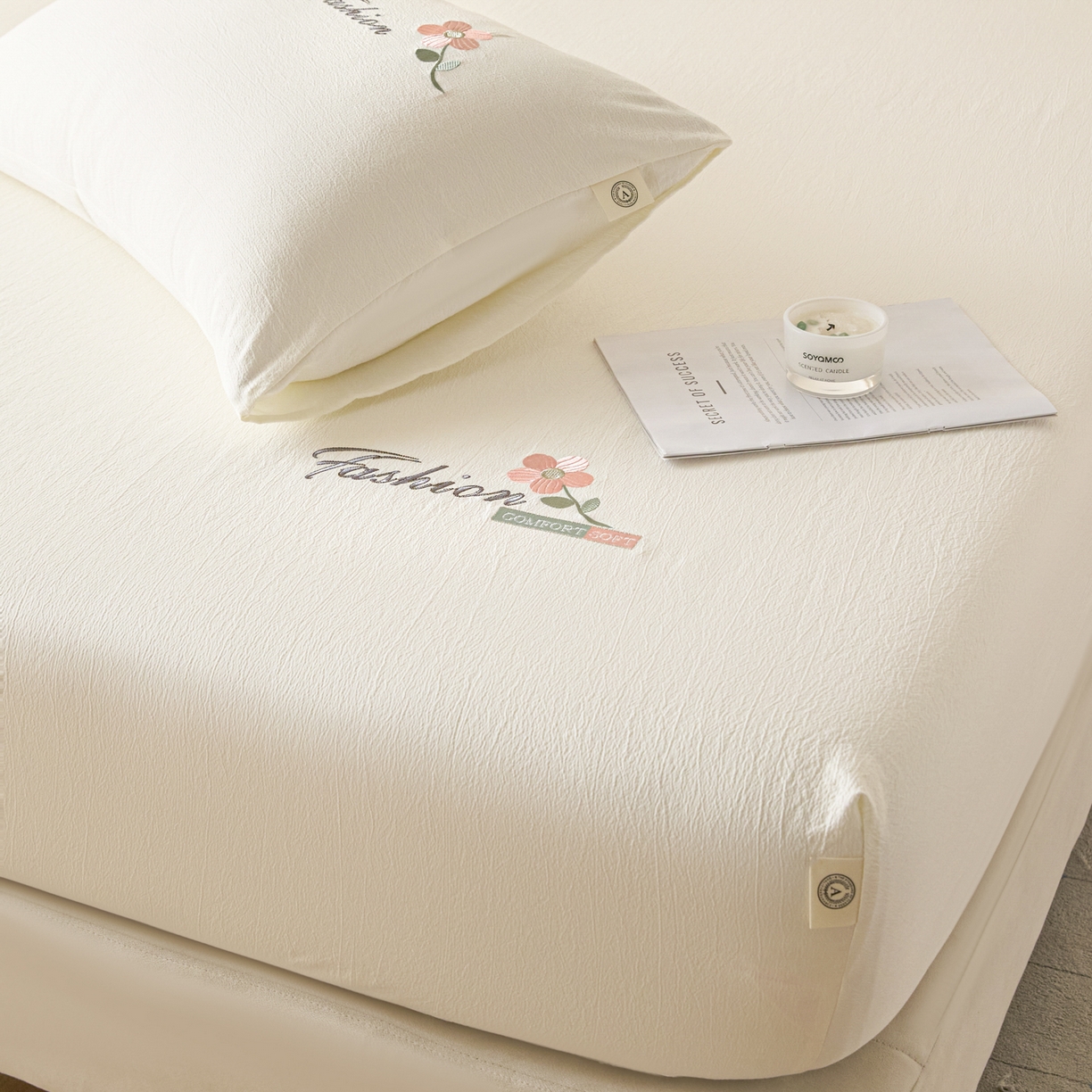 91家纺网 家纺一手货源 找家纺 鑫钰 2025新款A类云麻绣花抗菌透气床笠-芙洛拉 芙洛拉-皓月白