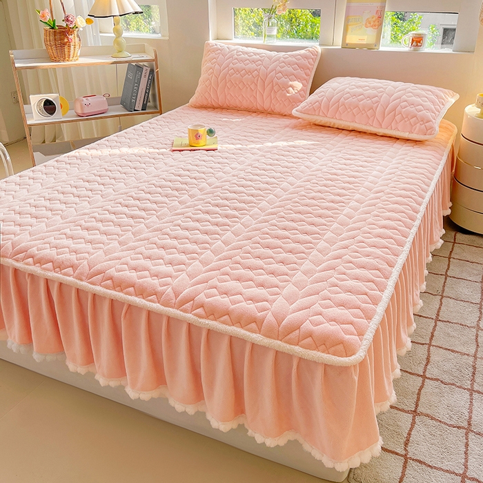 91家纺网 家纺一手货源 找家纺 眠势力 2025新款牛奶绒毛球床笠款四件套 奶油粉-毛球款