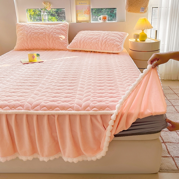 91家纺网 家纺一手货源 找家纺 眠势力 2025新款牛奶绒毛球床笠款四件套 奶油粉-毛球款