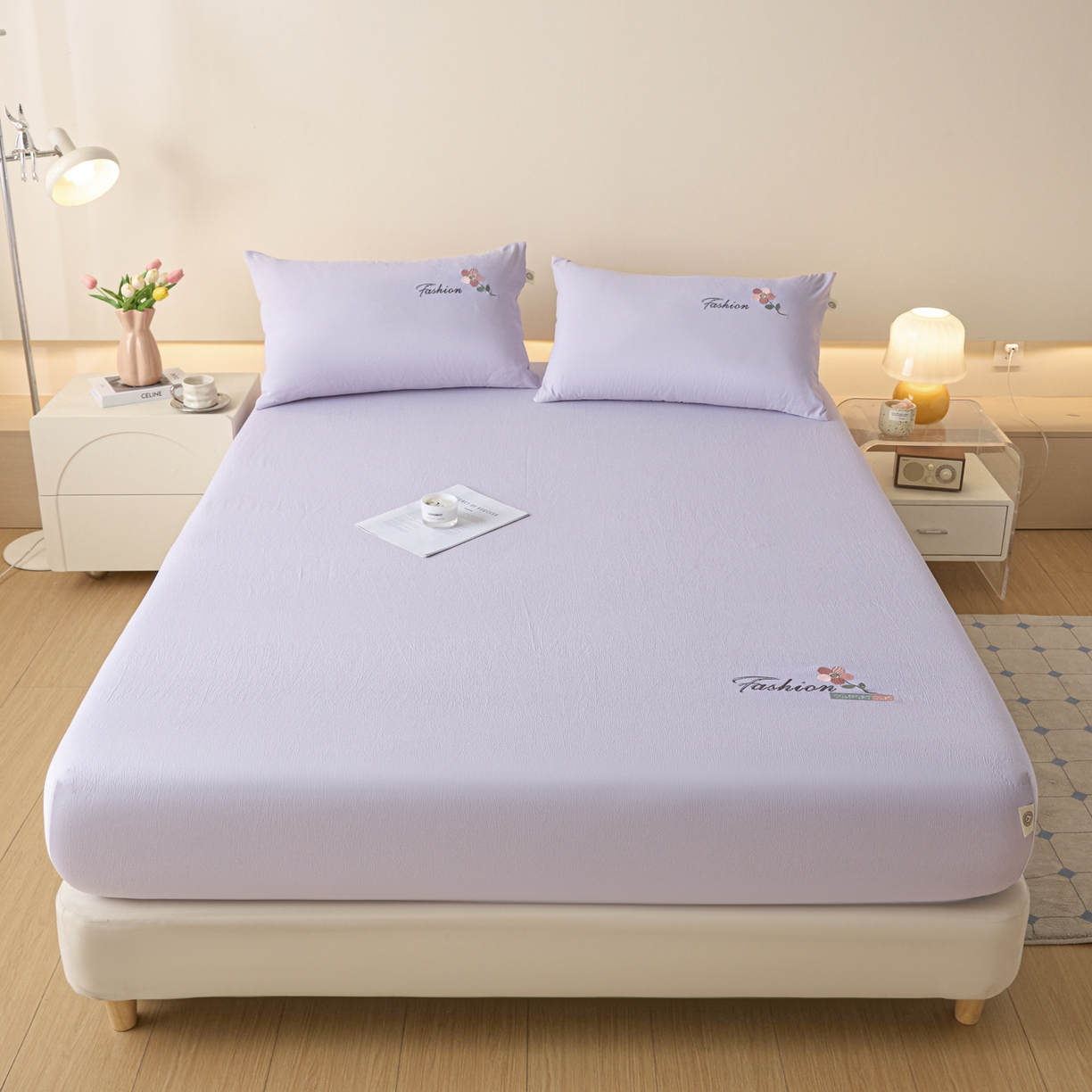 91家纺网 家纺一手货源 找家纺 鑫钰 2025新款A类云麻绣花抗菌透气床笠-芙洛拉 芙洛拉-梦幻紫