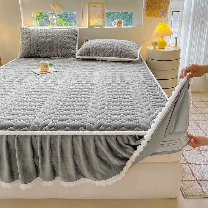 91家纺网 家纺一手货源 找家纺 眠势力 2025新款牛奶绒毛球床笠款四件套 深空灰-毛球款