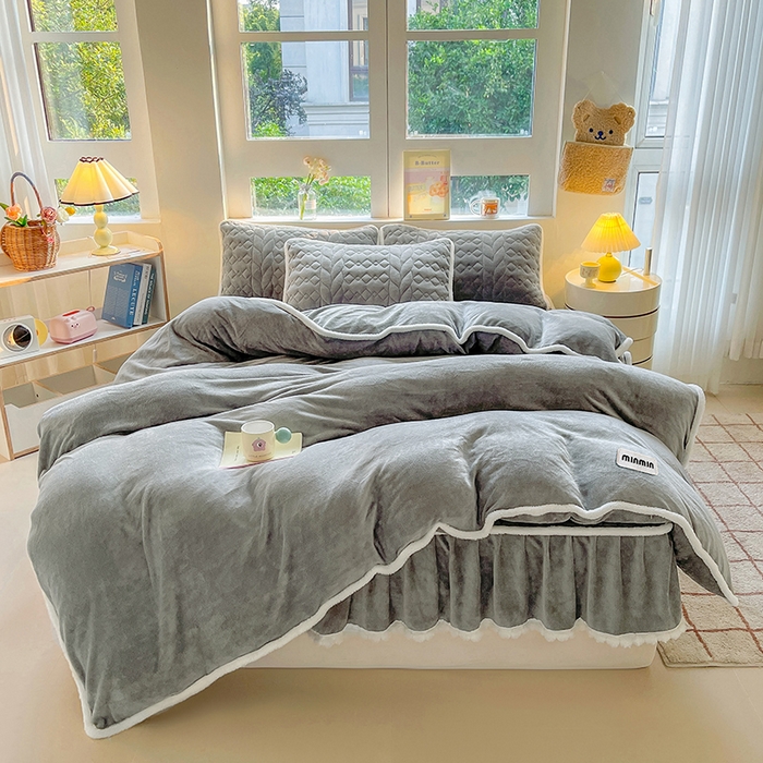 91家纺网 家纺一手货源 找家纺 眠势力 2025新款牛奶绒毛球床笠款四件套 深空灰-毛球款