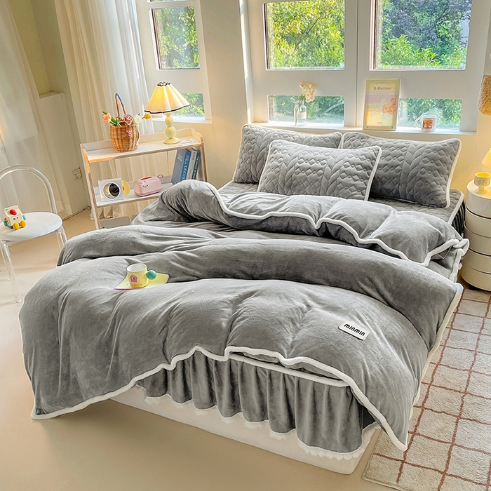 91家纺网 家纺一手货源 找家纺 眠势力 2025新款牛奶绒毛球床笠款四件套 深空灰-毛球款
