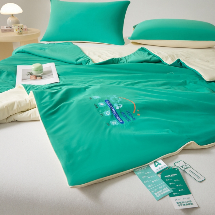 91家纺网 家纺一手货源 找家纺 梵克保罗 2025新款10A抗菌凉感丝夏被 杏黄叶绿