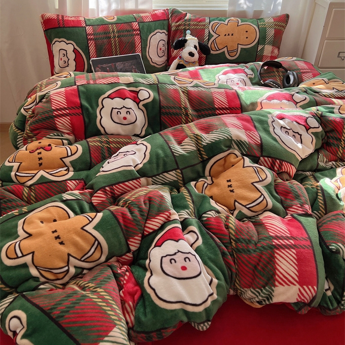 红嘴企鹅 2025新款精致印花牛奶绒四件套 圣诞老人