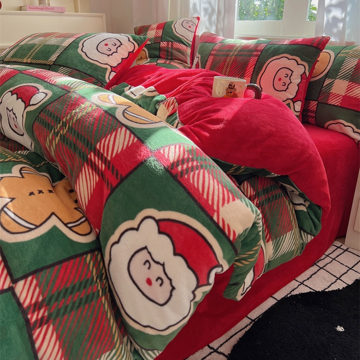 91家纺网 家纺一手货源 找家纺 红嘴企鹅 2025新款精致印花牛奶绒四件套 圣诞老人