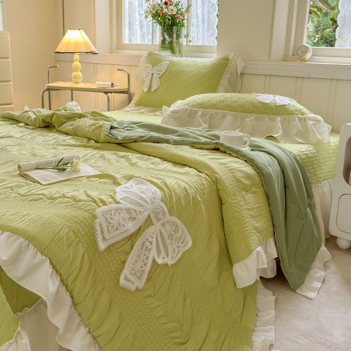 91家纺网 家纺一手货源 找家纺 梵克保罗 2025新款雪纺床盖夏被四件套 嫩芽绿