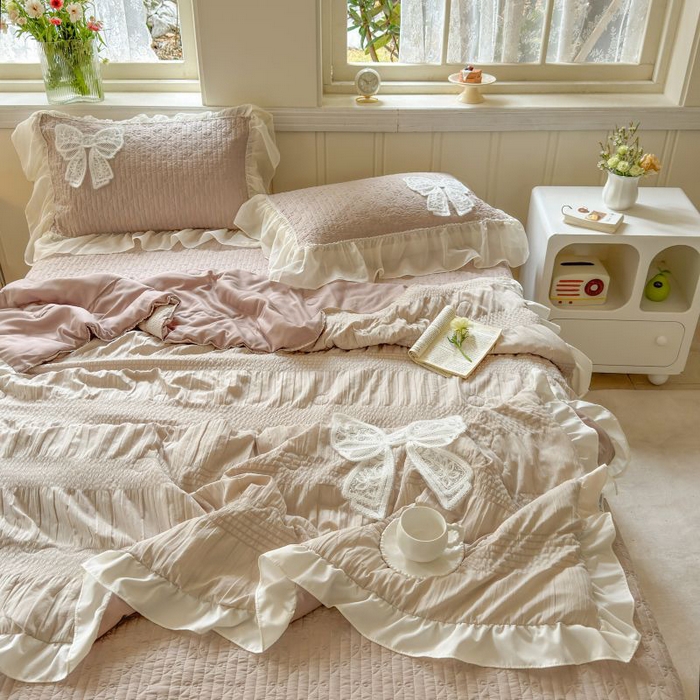 91家纺网 家纺一手货源 找家纺 梵克保罗 2025新款雪纺床盖夏被四件套 奶茶色