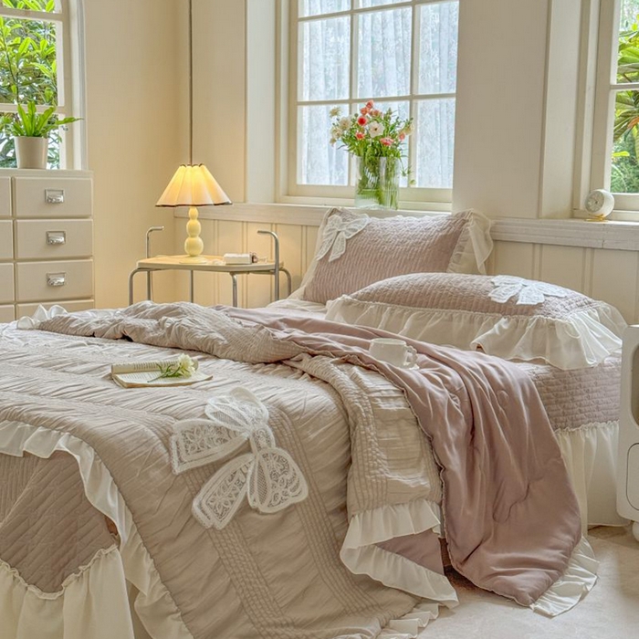 91家纺网 家纺一手货源 找家纺 梵克保罗 2025新款雪纺床盖夏被四件套 奶茶色