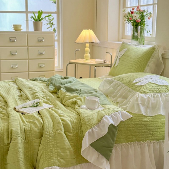 91家纺网 家纺一手货源 找家纺 梵克保罗 2025新款雪纺床盖夏被四件套 嫩芽绿