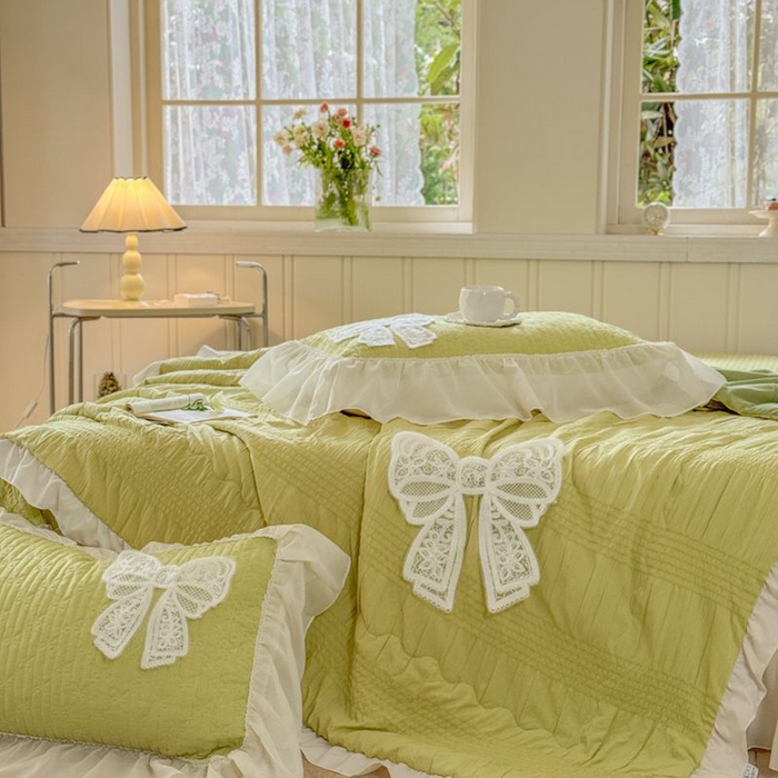 91家纺网 家纺一手货源 找家纺 梵克保罗 2025新款雪纺床盖夏被四件套 嫩芽绿