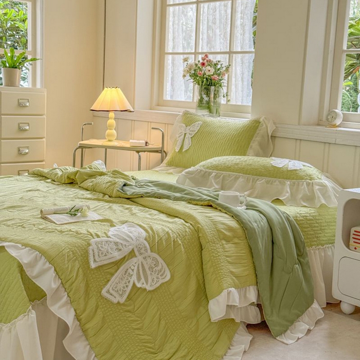 91家纺网 家纺一手货源 找家纺 梵克保罗 2025新款雪纺床盖夏被四件套 嫩芽绿